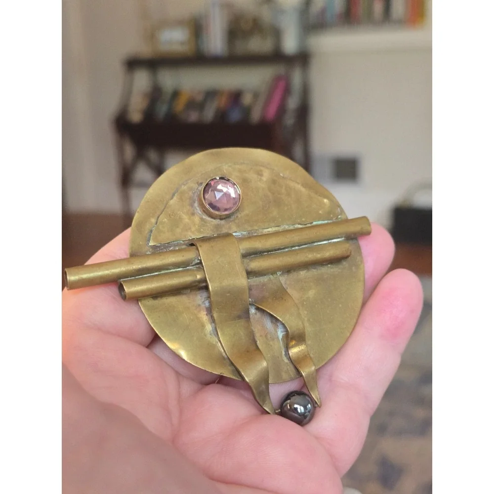 Artisan Brutalist Brass Brooch Amethyst Black Pearl Art Deco or Nouveau Vintage